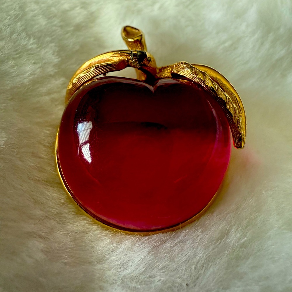 1972 Sarah Coventry Burgundy Brooch- Pink Lucite Apple Pin